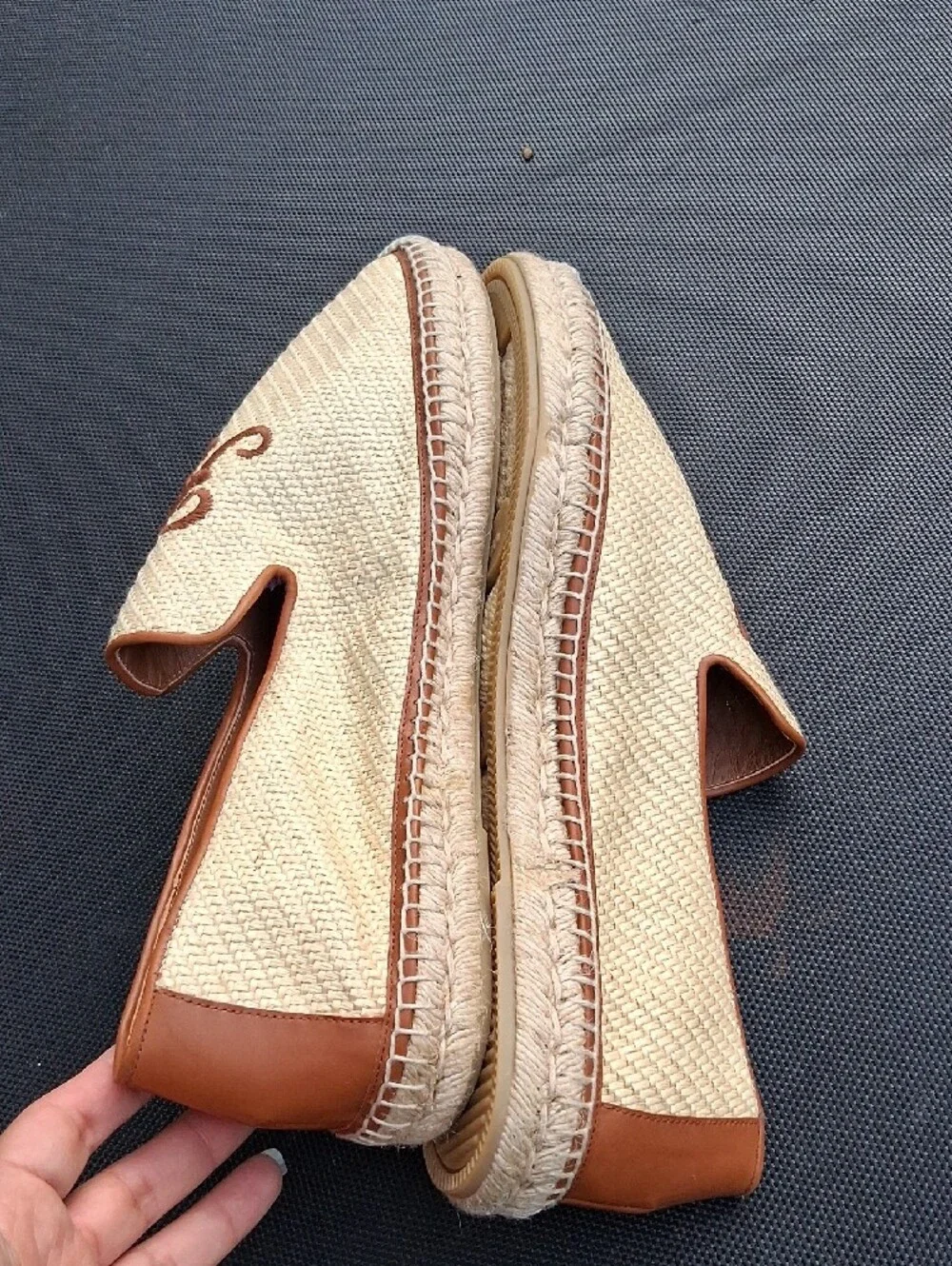 Ralph Lauren Cream Woven Slip-On Loafers with Brown Trim and Embroidered RL